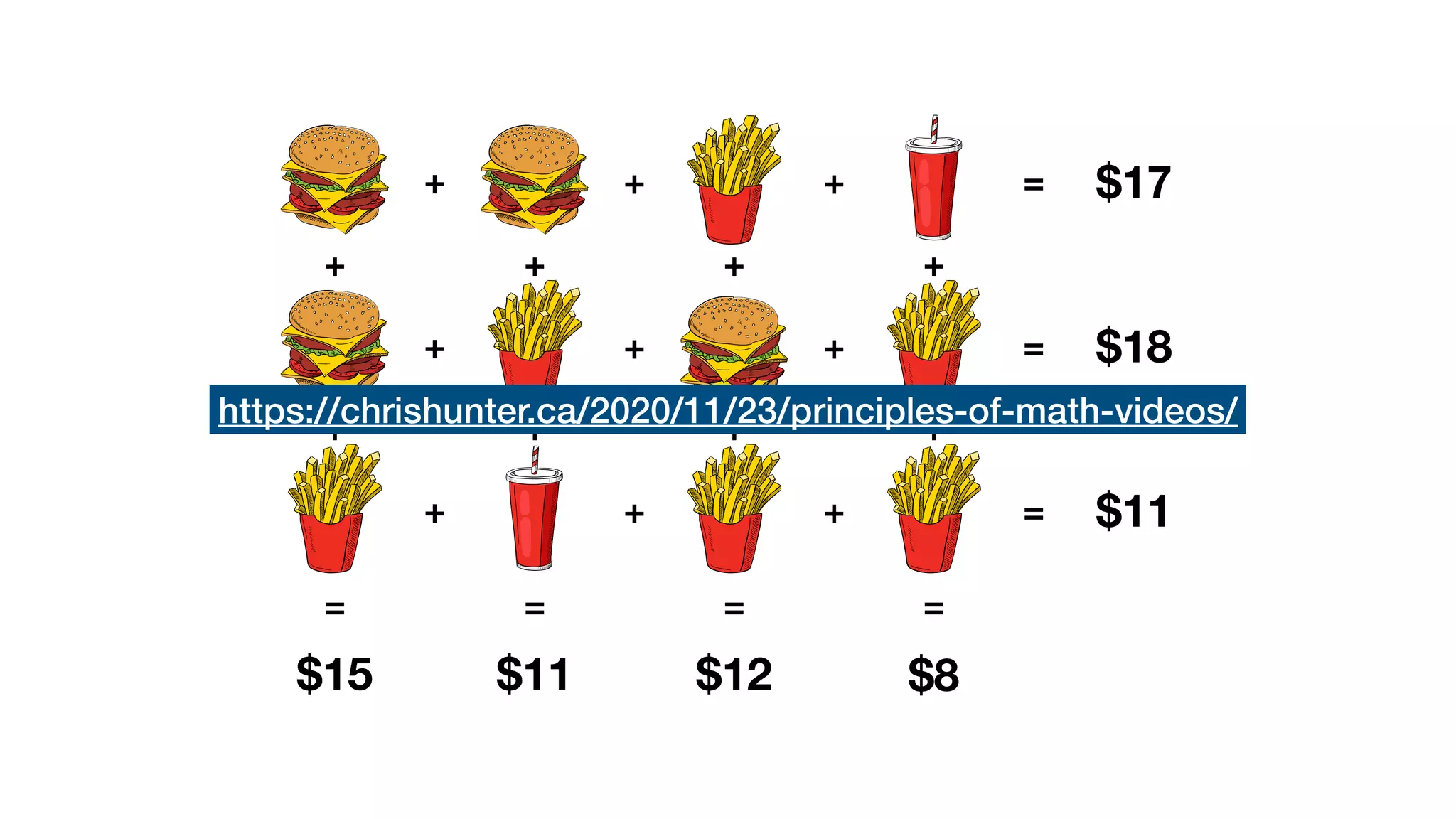 $15 $11 $12 $8
$18
$11
$17
+
=
+
=
+
+
=
+
+
=
+
+
=
=
=
+
+
+
+
+
+
+
+
+
https://chrishunter.ca/2020/11/23/principles-of-math-videos/
 