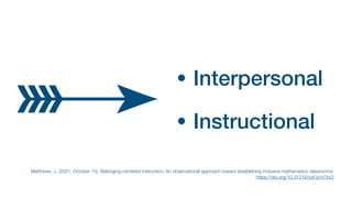 • Interpersonal


• Instructional
Matthews, J. (2021, October 15). Belonging-centered instruction: An observational approach toward establishing inclusive mathematics classrooms.
 
https://doi.org/10.31219/osf.io/n7bv2
 
