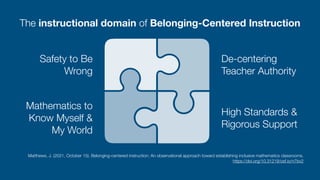 Matthews, J. (2021, October 15). Belonging-centered instruction: An observational approach toward establishing inclusive mathematics classrooms.
 
https://doi.org/10.31219/osf.io/n7bv2
The instructional domain of Belonging-Centered Instruction
Safety to Be
Wrong
De-centering
Teacher Authority
Mathematics to
Know Myself &
My World
High Standards &
Rigorous Support
 