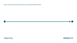 beginning end
closed
Meyer, D. (2014). Video games and making math more like things students like. [Video]
 