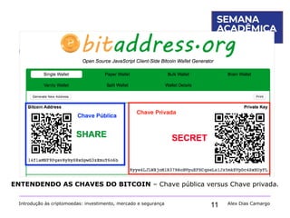 11
2. O que é uma chave privada?
Introdução às criptomoedas: investimento, mercado e segurança Alex Dias Camargo
ENTENDENDO AS CHAVES DO BITCOIN – Chave pública versus Chave privada.
 