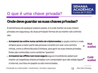 13
O que é uma chave privada?
Introdução às criptomoedas: investimento, mercado e segurança Alex Dias Camargo
Hot
wallet
Cold
wallet
 