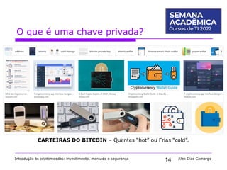 14
O que é uma chave privada?
Introdução às criptomoedas: investimento, mercado e segurança Alex Dias Camargo
CARTEIRAS DO BITCOIN – Quentes “hot” ou Frias “cold”.
 