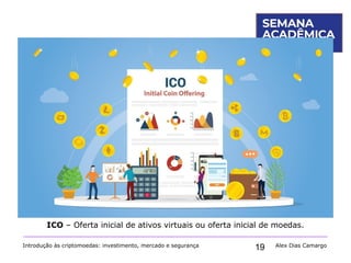 19
3. O que é uma criptomoeda?
Introdução às criptomoedas: investimento, mercado e segurança Alex Dias Camargo
ICO – Oferta inicial de ativos virtuais ou oferta inicial de moedas.
 