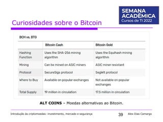 39
Curiosidades sobre o Bitcoin
Introdução às criptomoedas: investimento, mercado e segurança Alex Dias Camargo
ALT COINS – Moedas alternativas ao Bitcoin.
 