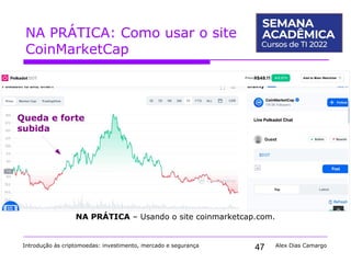 47
NA PRÁTICA: Como usar o site
CoinMarketCap
Introdução às criptomoedas: investimento, mercado e segurança Alex Dias Camargo
NA PRÁTICA – Usando o site coinmarketcap.com.
Queda e forte
subida
 