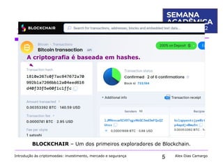 5
1. O que é a criptografia?
Introdução às criptomoedas: investimento, mercado e segurança Alex Dias Camargo
BLOCKCHAIR – Um dos primeiros exploradores de Blockchain.
A criptografia é baseada em hashes.
 
