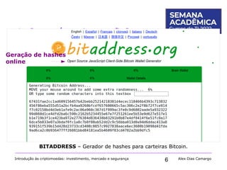6
1. O que é a criptografia?
Introdução às criptomoedas: investimento, mercado e segurança Alex Dias Camargo
BITADDRESS – Gerador de hashes para carteiras Bitcoin.
Geração de hashes
online
 