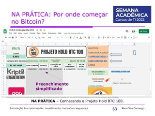 63
NA PRÁTICA: Por onde começar
no Bitcoin?
Introdução às criptomoedas: investimento, mercado e segurança Alex Dias Camargo
NA PRÁTICA – Conhecendo o Projeto Hold BTC 100.
Preenchimento
simplificado
 