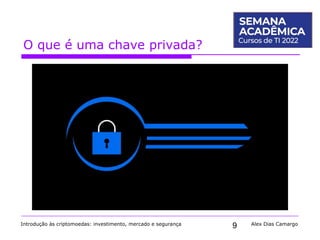 9
O que é uma chave privada?
Introdução às criptomoedas: investimento, mercado e segurança Alex Dias Camargo
 