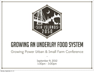 Growing an Underlay Food System
                  Growing Power Urban & Small Farm Conference
                                        ・
                                 September 9, 2012
                                  1:30pm - 3:00pm

Monday, September 10, 12
 