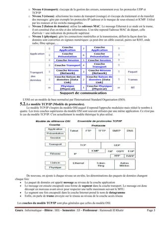 Cours : Informatique – filière : SEG – Semestre : S3 – Professeur : Haimoudi El Khatir Page 3
o Niveau 4 (transport): s'occupe de la gestion des erreurs, notamment avec les protocoles UDP et
TCP/IP
o Niveau 3 (réseau): sélectionne les routes de transport (routage) et s'occupe du traitement et du transfert
des messages: gère par exemple les protocoles IP (adresse et le masque de sous-réseau) et ICMP. Utilisé
par les routeurs et les switchs manageables.
o Niveau 2 (liaison de données): utilise les adresses MAC. Le message Ethernet à ce stade est la trame,
il est constitué d'un en-tête et des informations. L'en-tête reprend l'adresse MAC de départ, celle
d'arrivée + une indication du protocole supérieur.
o Niveau 1 (physique): gère les connections matérielles et la transmission, définit la façon dont les
données sont converties en signaux numériques: ça peut-être un câble coaxial, paires sur RJ45, onde
radio, fibre optique, ...
L'OSI est un modèle de base normalisé par l'International Standard Organisation (ISO).
5.2.Le modèle TCP/IP (Modèle de protocoles).
Le modèle TCP/IP s'inspire du modèle OSI auquel il reprend l'approche modulaire mais réduit le nombre à
quatre. Les trois couches supérieures du modèle OSI sont souvent utilisées par une même application. Ce n'est pas
le cas du modèle TCP/IP. C'est actuellement le modèle théorique le plus utilisé.
De nouveau, on ajoute à chaque niveau un en-tête, les dénominations des paquets de données changent
chaque fois:
 Le paquet de données est appelé message au niveau de la couche application
 Le message est ensuite encapsulé sous forme de segment dans la couche transport. Le message est donc
découpé en morceau avant envoi pour respecter une taille maximum suivant le MTU.
 Le segment une fois encapsulé dans la couche Internet prend le nom de datagramme
 Enfin, on parle de trame envoyée sur le réseau au niveau de la couche accès réseau
Les couches du modèle TCP/IP sont plus générales que celles du modèle OSI.
 