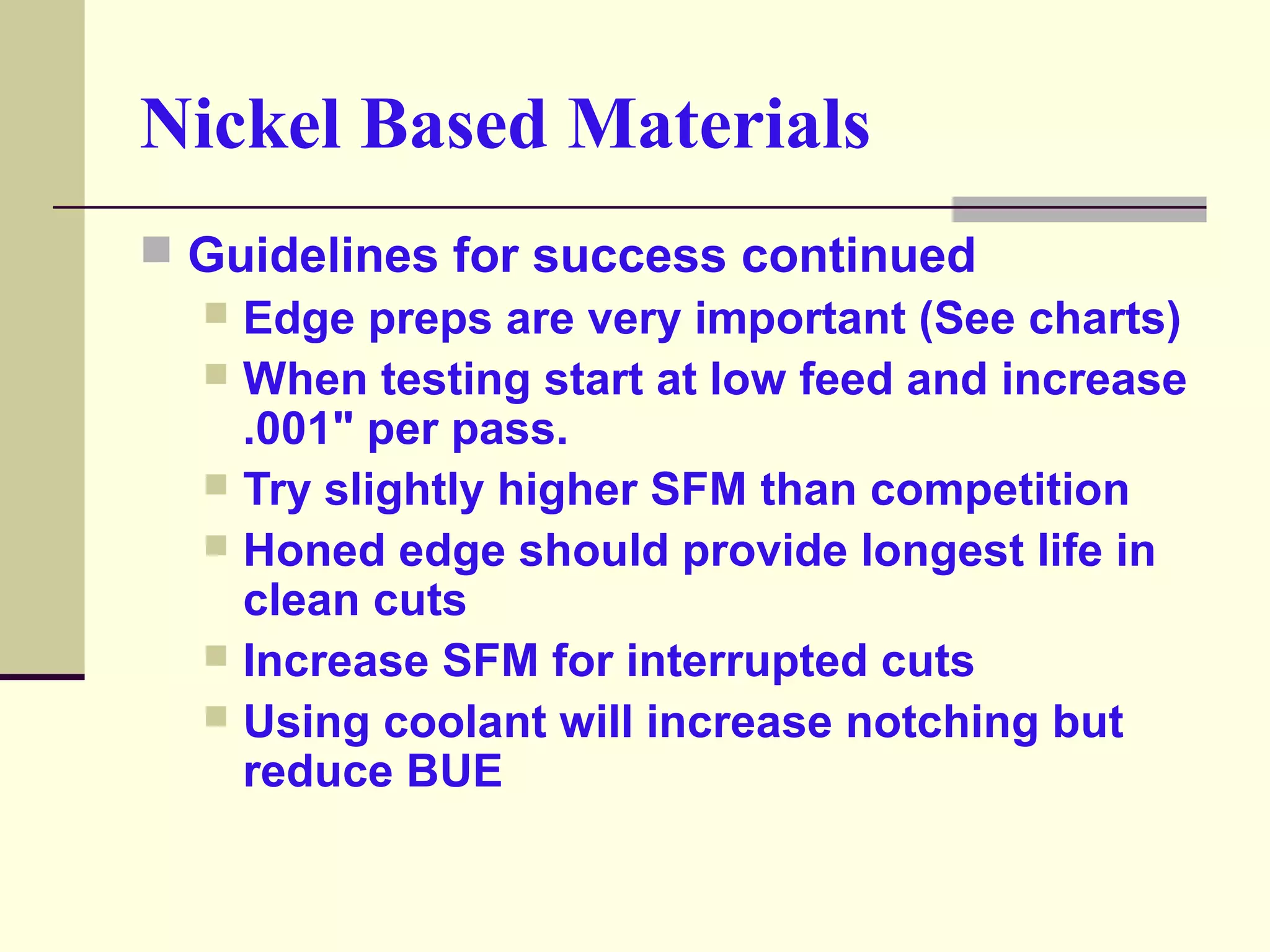 Nickel Based Materials
 Guidelines for success continued
 Edge preps are very important (See charts)
 When testing start at low feed and increase
.001" per pass.
 Try slightly higher SFM than competition
 Honed edge should provide longest life in
clean cuts
 Increase SFM for interrupted cuts
 Using coolant will increase notching but
reduce BUE
 