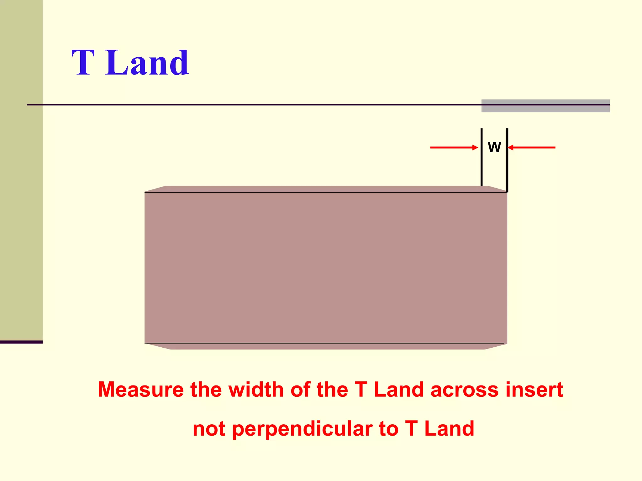 T Land
Measure the width of the T Land across insert
not perpendicular to T Land
W
 
