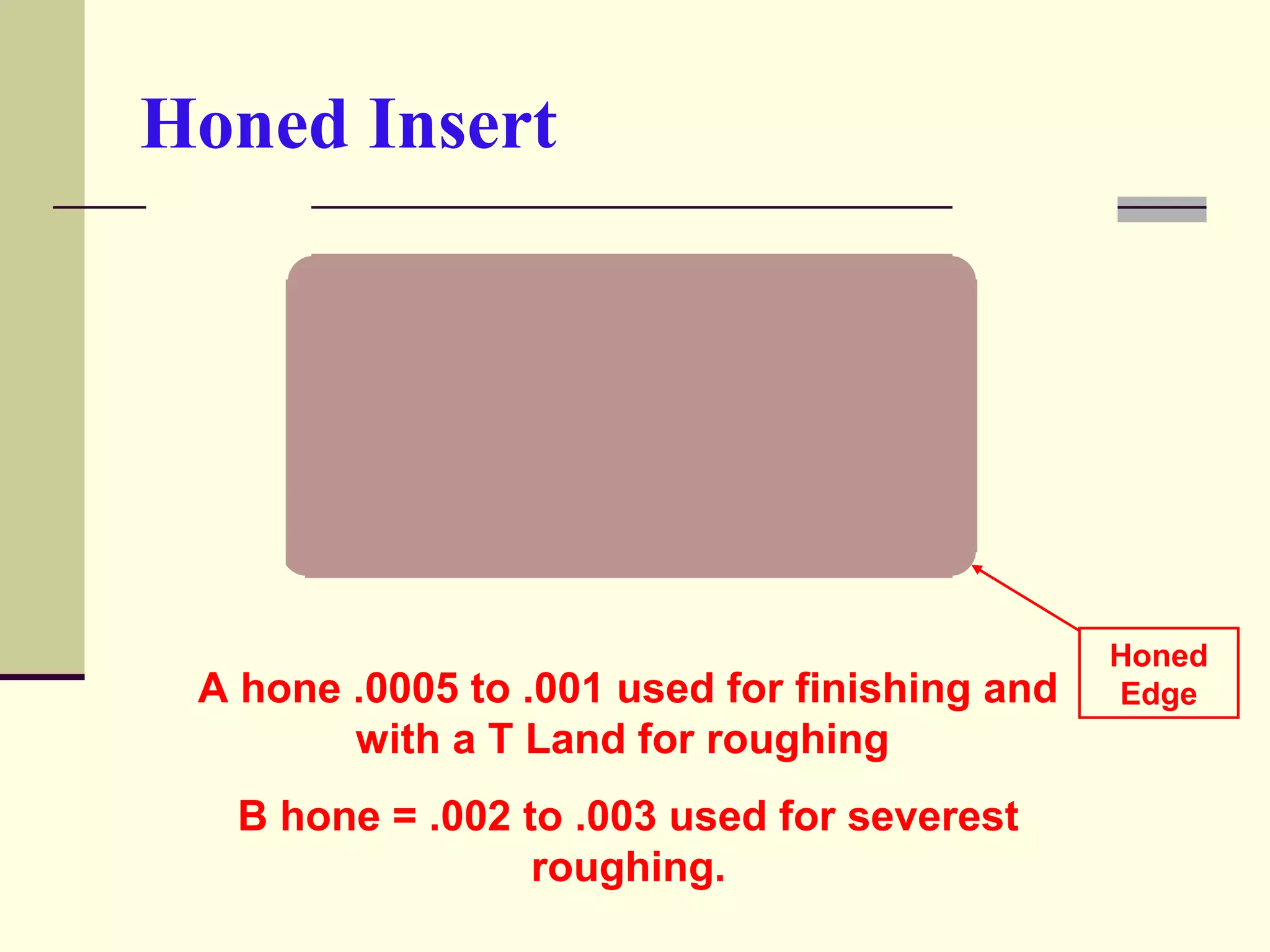 Honed Insert
A hone .0005 to .001 used for finishing and
with a T Land for roughing
B hone = .002 to .003 used for severest
roughing.
Honed
Edge
 