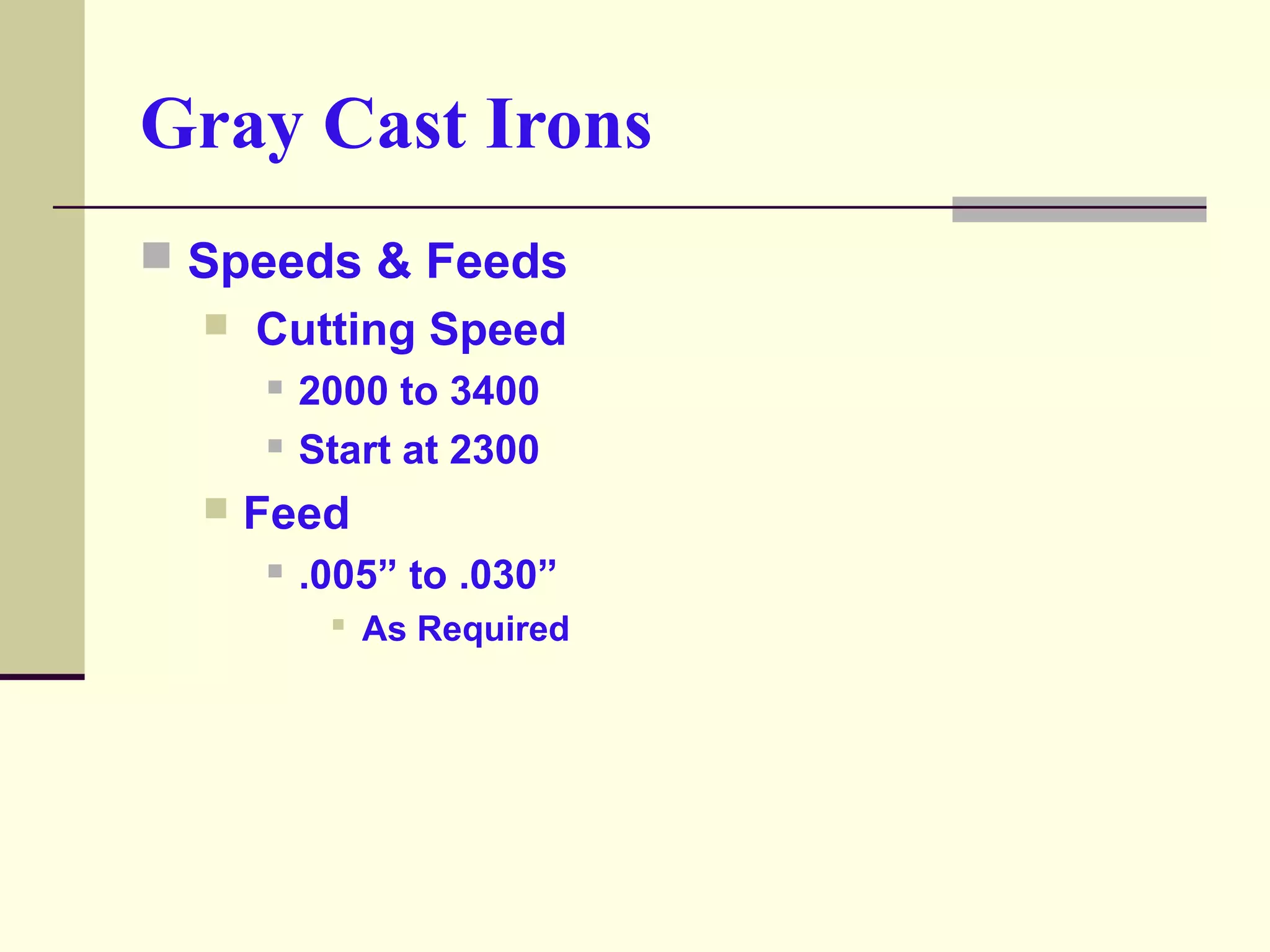 Gray Cast Irons
 Speeds & Feeds
 Cutting Speed
 2000 to 3400
 Start at 2300
 Feed
 .005” to .030”
 As Required
 