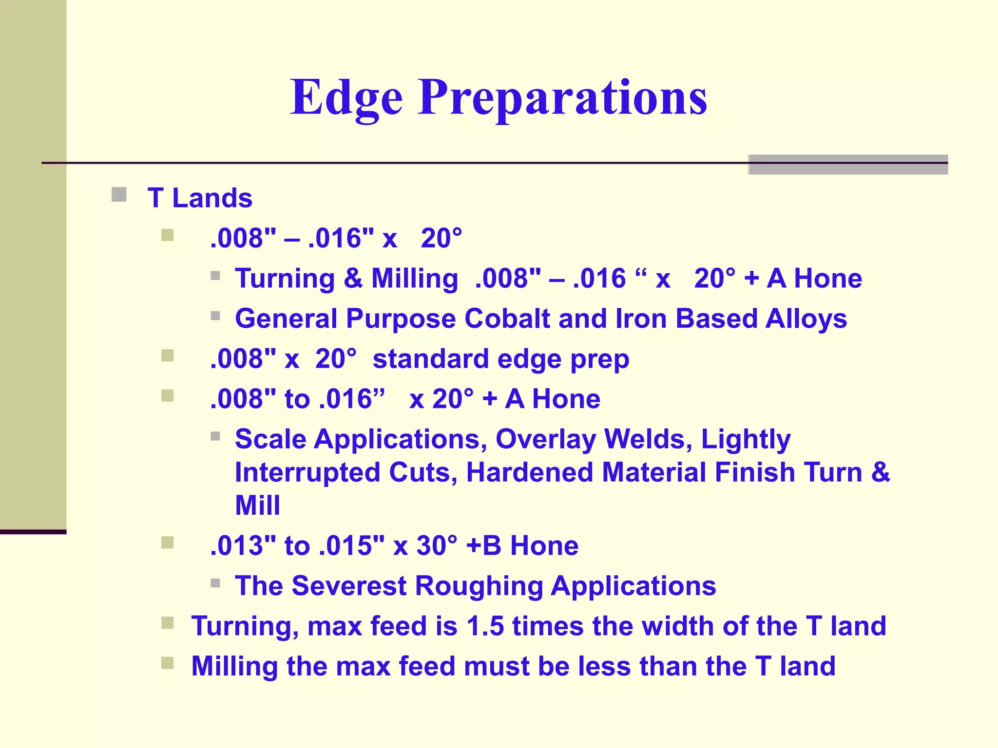 Edge Preparations
 T Lands
 .008" – .016" x 20°
 Turning & Milling .008" – .016 “ x 20° + A Hone
 General Purpose Cobalt and Iron Based Alloys
 .008" x 20° standard edge prep
 .008" to .016” x 20° + A Hone
 Scale Applications, Overlay Welds, Lightly
Interrupted Cuts, Hardened Material Finish Turn &
Mill
 .013" to .015" x 30° +B Hone
 The Severest Roughing Applications
 Turning, max feed is 1.5 times the width of the T land
 Milling the max feed must be less than the T land
 