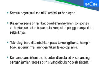  Semua organisasi memiliki arsitektur ber-layer.
 Biasanya semakin lambat perubahan layanan komponen
arsitektur, semakin besar pula kumpulan penggunanya dan
sebaliknya.
 Teknologi baru ditambahkan pada teknologi lama; hampir
tidak sepenuhnya menggantikan teknologi lama.
 Kemampuan sistem bisnis untuk dikelola tidak sebanding
dengan jumlah proses bisnis yang didukung oleh sistem.
 