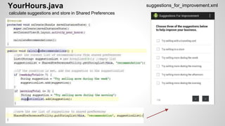 YourHours.java suggestions_for_improvement.xml
calculate suggestions and store in Shared Preferences
 
