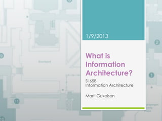 1/9/2013 
What is 
Information 
Architecture? 
SI 658 
Information Architecture 
Marti Gukeisen 
 