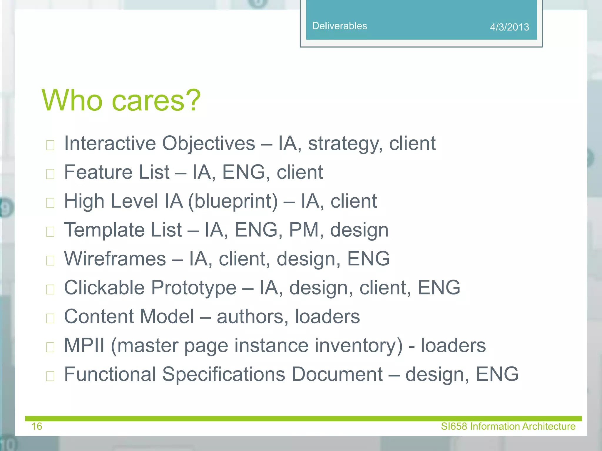 Deliverables 
Who cares? 
 Interactive Objectives – IA, strategy, client 
 Feature List – IA, ENG, client 
 High Level IA (blueprint) – IA, client 
 Template List – IA, ENG, PM, design 
 Wireframes – IA, client, design, ENG 
 Clickable Prototype – IA, design, client, ENG 
 Content Model – authors, loaders 
 MPII (master page instance inventory) - loaders 
4/3/2013 
 Functional Specifications Document – design, ENG 
16 SI658 Information Architecture 
 