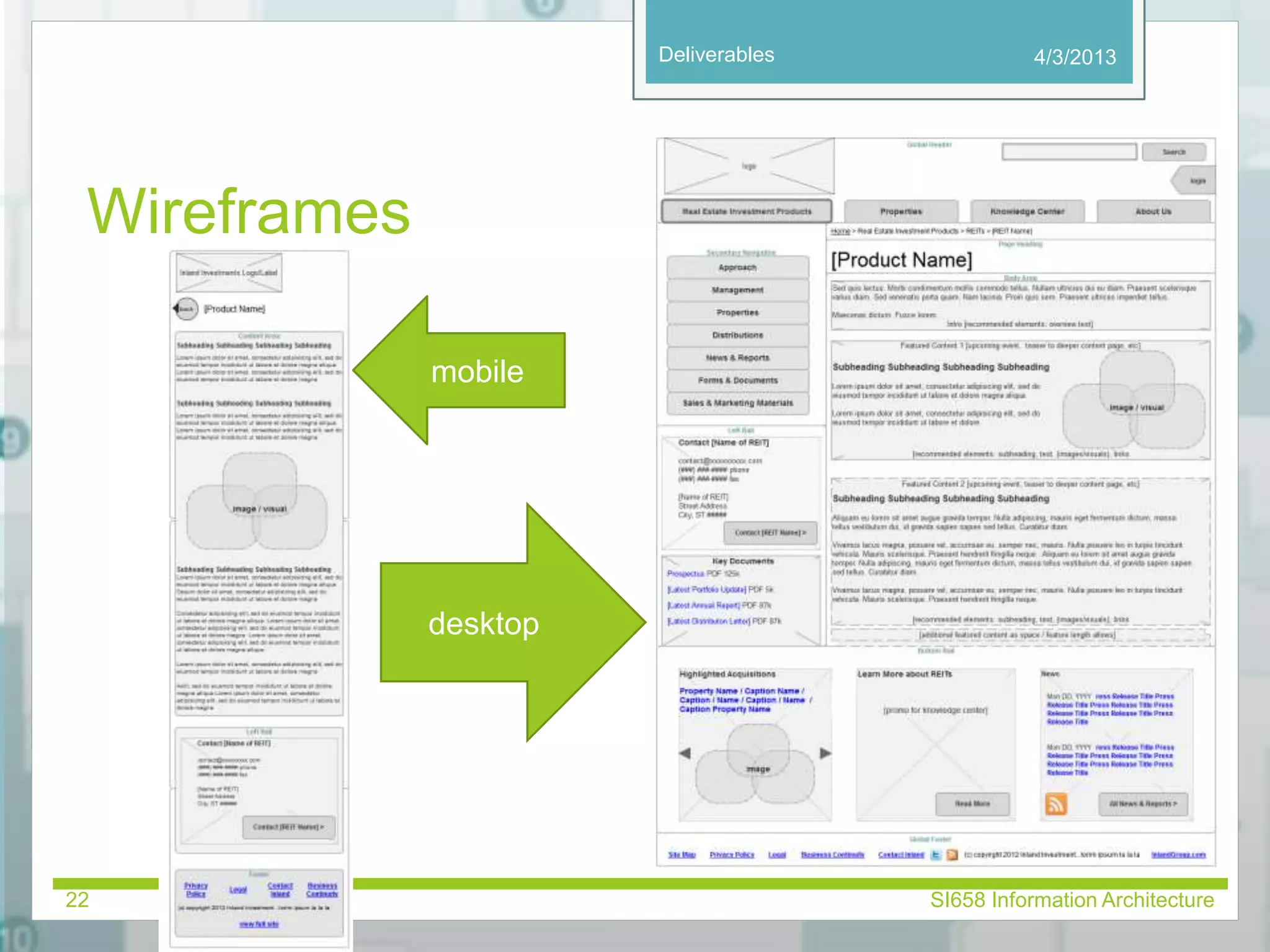 Deliverables 
Wireframes 
4/3/2013 
mobile 
desktop 
22 SI658 Information Architecture 
 