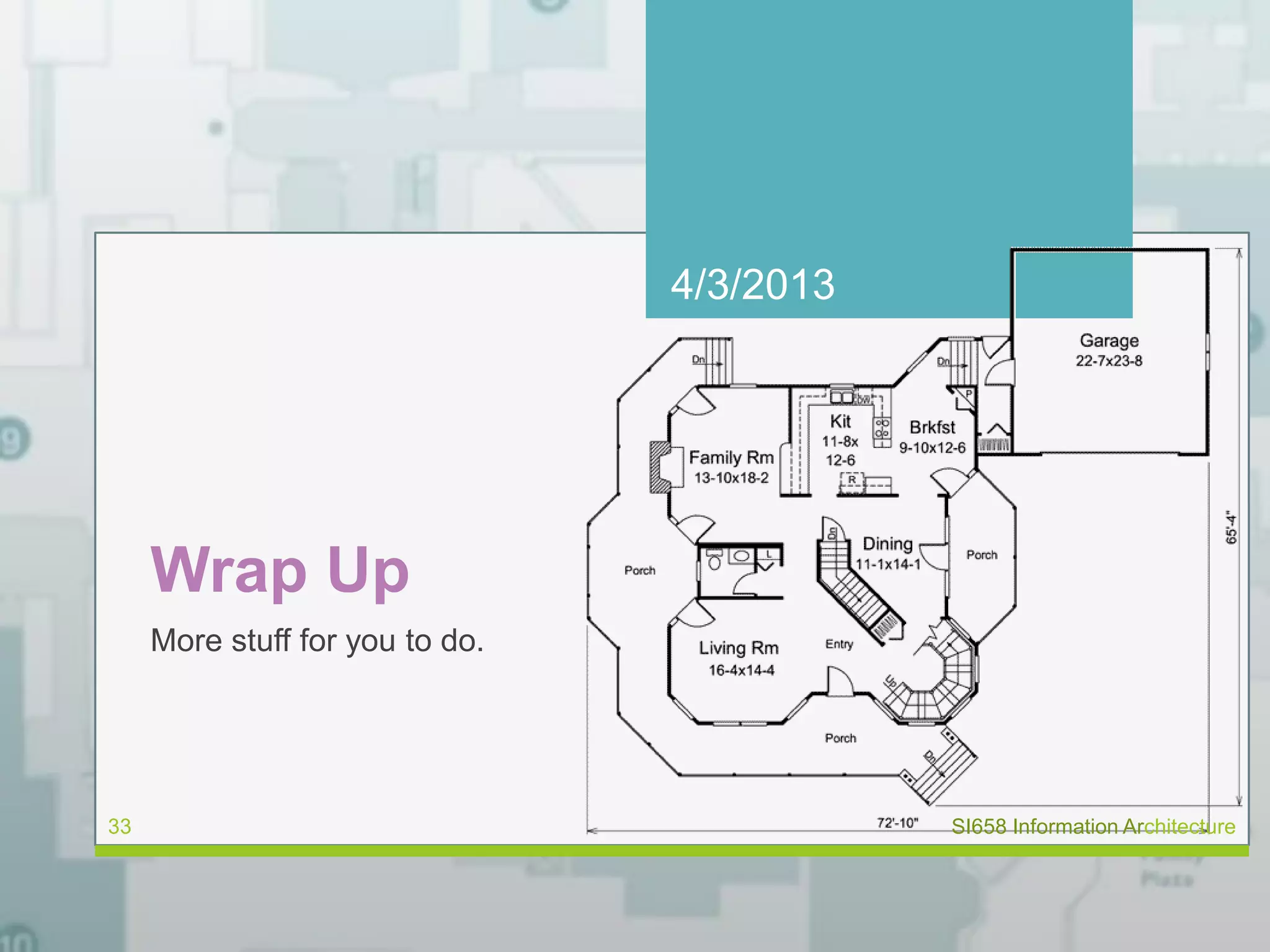 Wrap Up 
More stuff for you to do. 
4/3/2013 
33 SI658 Information Architecture 
 