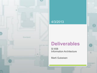 4/3/2013 
Deliverables 
SI 658 
Information Architecture 
Marti Gukeisen 
 