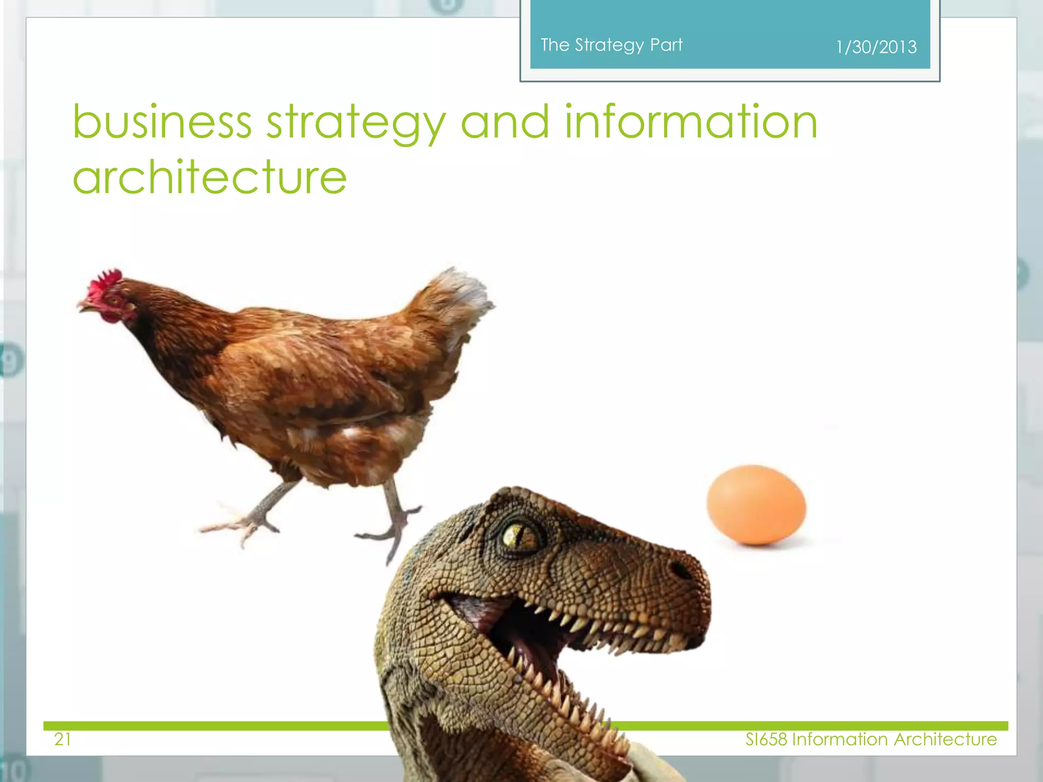 The Strategy Part 
business strategy and information 
architecture 
1/30/2013 
21 SI658 Information Architecture 
 