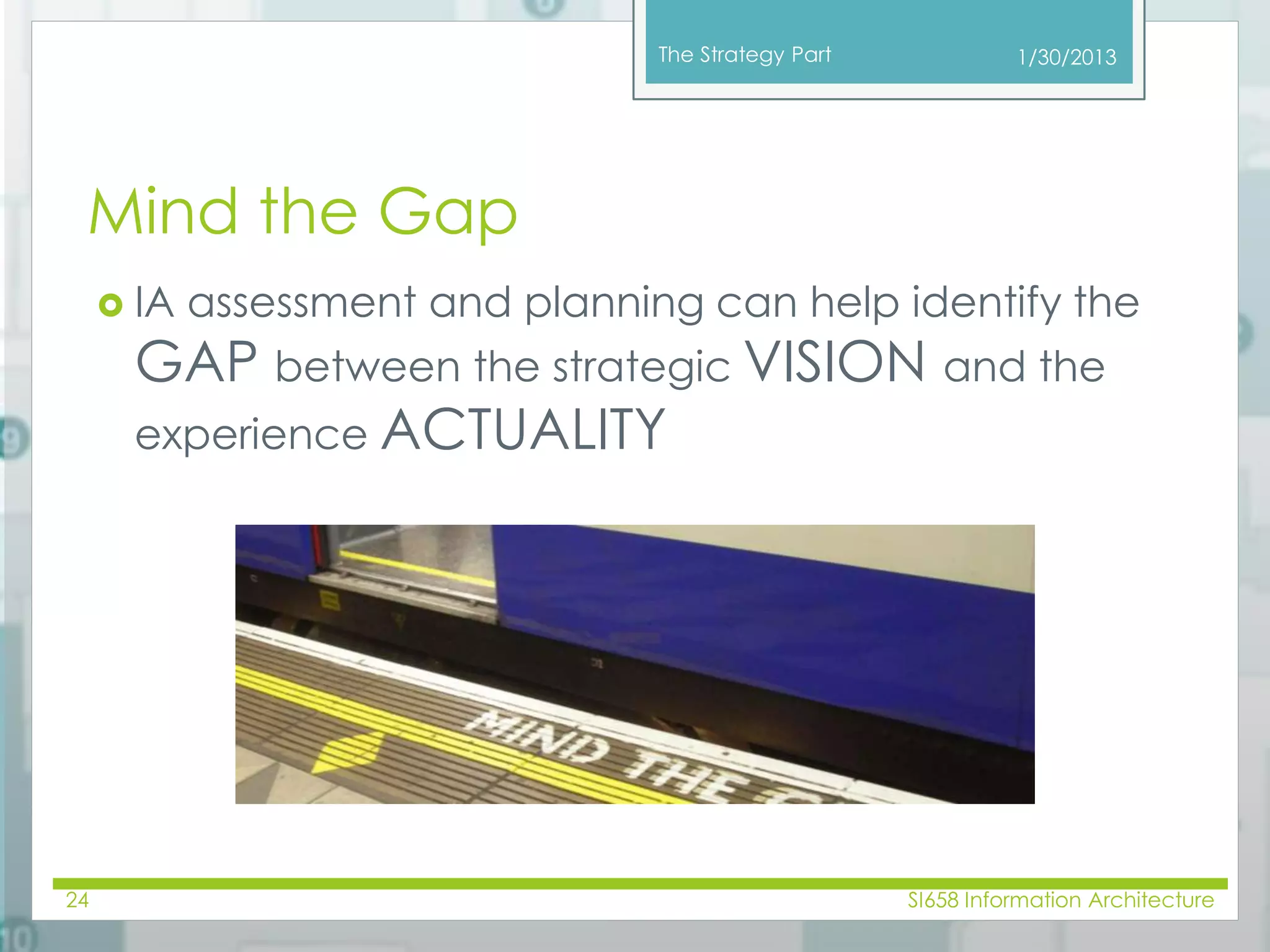 The Strategy Part 
Mind the Gap 
1/30/2013 
 IA assessment and planning can help identify the 
GAP between the strategic VISION and the 
experience ACTUALITY 
24 SI658 Information Architecture 
 