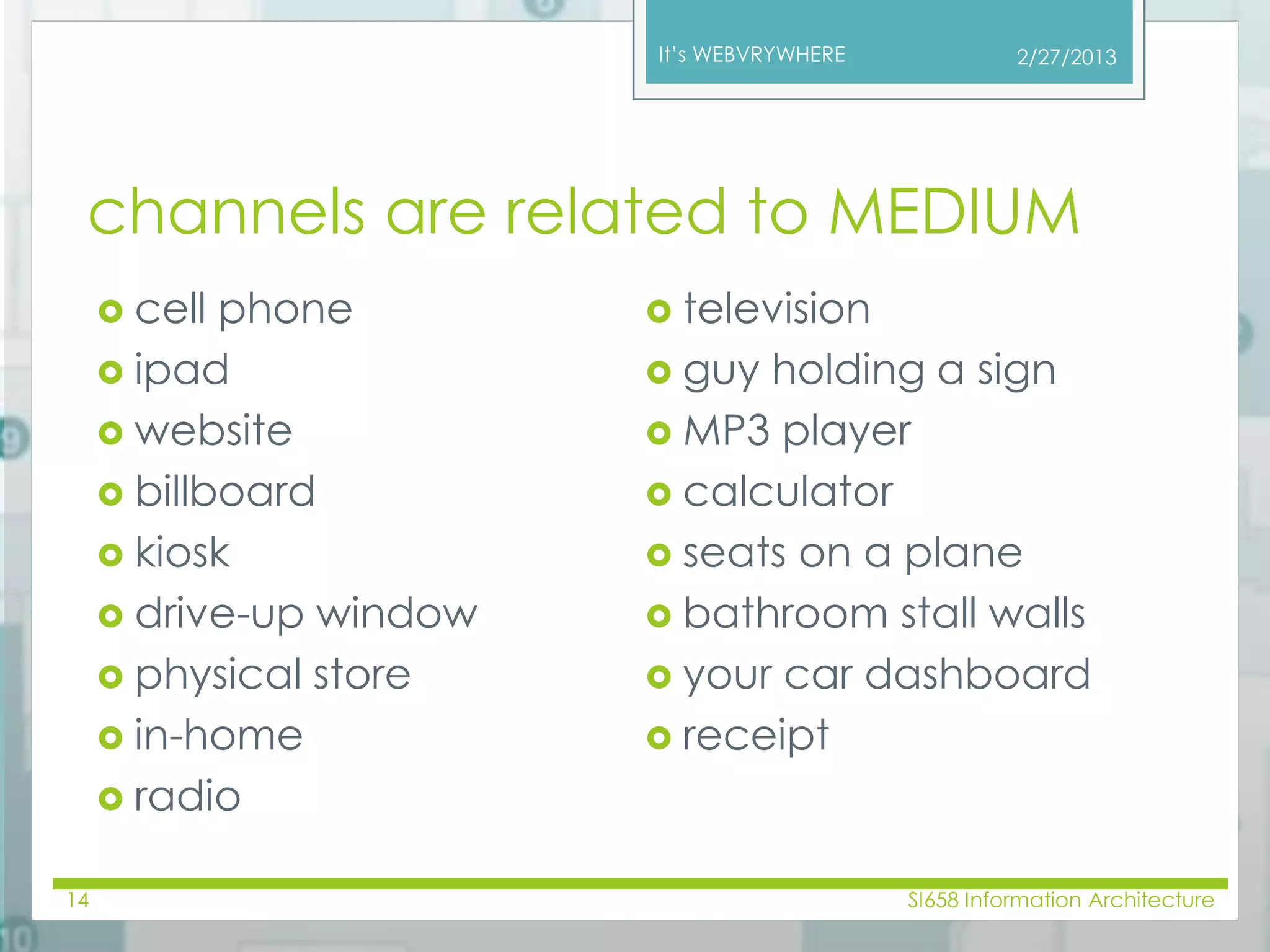It’s WEBVRYWHERE 
channels are related to MEDIUM 
 cell phone 
 ipad 
 website 
 billboard 
 kiosk 
 drive-up window 
 physical store 
 in-home 
 radio 
 television 
 guy holding a sign 
 MP3 player 
 calculator 
 seats on a plane 
 bathroom stall walls 
 your car dashboard 
 receipt 
2/27/2013 
14 SI658 Information Architecture 
 