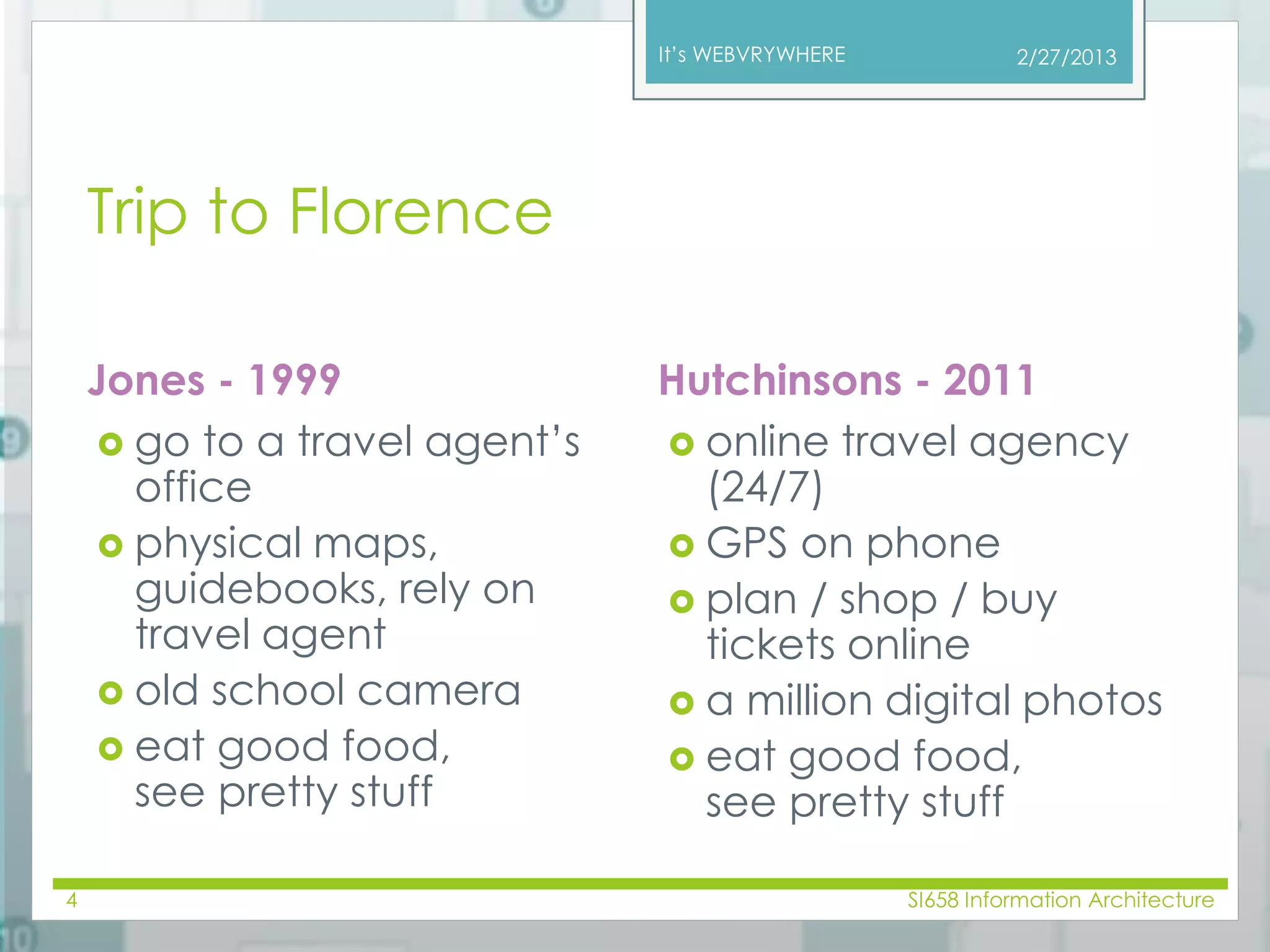 It’s WEBVRYWHERE 
Trip to Florence 
Jones - 1999 
 go to a travel agent’s 
office 
 physical maps, 
guidebooks, rely on 
travel agent 
 old school camera 
 eat good food, 
see pretty stuff 
2/27/2013 
Hutchinsons - 2011 
 online travel agency 
(24/7) 
 GPS on phone 
 plan / shop / buy 
tickets online 
 a million digital photos 
 eat good food, 
see pretty stuff 
4 SI658 Information Architecture 
 