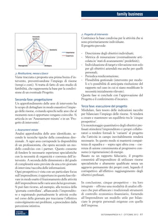 family business



                                                       2. Progetto di intervento
                                                       Costituisce la base condivisa per le attività che si
                                                       sono prioritariamente individuate.
                                                       Il progetto prevede:

                                                       -	 Descrizione degli obiettivi individuati;
                                                       -	 Metrica di misurazione (eventualmente arti-
                                                          colata in ‘stati di avanzamento’ predefiniti);
                                                       -	 Individuazione di target e rilevazione non solo
                                                          per gli obiettivi aziendali ma anche per quelli
3. Restituzione, messa a fuoco                            personali;
Viene tracciata e proposta una prima bozza d’in-       -	 Periodica rendicontazione;
tervento, preventivandone l’impiego di risorse         -	 Flessibilità gestionale (intervento per modu-
(tempi e costi). Si tratta di fatto di uno studio di      li e/o possibilità di anticipata risoluzione del
fattibilità, che rappresenta la base per la condivi-      rapporto nel caso in cui si siano modificate le
sione di un eventuale Progetto.                           necessità inizialmente rilevate).
                                                       Questa fase si conclude con l’approvazione del
Seconda fase: progettazione                            Progetto e il conferimento d’incarico.
Un approfondimento delle aree di intervento ha
lo scopo di dettagliare in modo esaustivo l’impie-     Terza fase: esecuzione del progetto
go delle risorse, evitando sprechi nelle aree che al   Modulare, farà tesoro delle indicazioni raccolte
momento non è opportuno vengano coinvolte. Si          per bilanciare l’impiego delle risorse. Si tenderà
articola in un ‘Assessement mirato’ e in un ‘Pro-      a creare e mantenere un equilibrio tra le ‘cinque
getto di intervento’.                                  prospettive’.
                                                       Un monitoraggio quantitativo degli obiettivi pre-
1. Assessment mirato                                   fissati stimolerà l’imprenditore e i propri collabo-
Analisi approfondita delle aree identificate, se-      ratori a rendere formali le ‘varianti’ al progetto
condo le tecniche tipiche della consulenza dire-       che l’attività in campo inevitabilmente renderà
zionale. A ogni area corrisponde la disponibilità      necessarie. In questo modo si manterrà compat-
di un professionista, che opera secondo un mo-         tezza di squadra e – sopra ogni altra cosa – coe-
dello condiviso con i partner. Questo consente         renza di azione commisurata al progressivo con-
di fondere le necessarie esperienze specialistiche     sumo (e rigenerazione) di energie.
con la necessità di organicità e coerenza dell’in-     Basato su un rapporto fiduciario, il progetto
tervento. A seconda delle dimensioni e del grado       consentirà all’imprenditore di utilizzare risorse
di complessità sono previste da una a tre giornate     specialistiche e altamente qualificate senza un
di intervista/raccolta delle informazioni.             aggravio permanente dei propri costi, legando il
Ogni prospettiva è vista con un particolare focus      corrispettivo all’effettivo raggiungimento degli
sull’imprenditore; è opportuno in questa fase rile-    obiettivi prefissati.
vare in modo esatto il frazionamento delle attività
dell’imprenditore nelle varie aree da lui governate.   In conclusione, cinque prospettive – tra loro
Si può fare ricorso, ad esempio, alla tecnica della    integrate – offrono una modalità di analisi effi-
‘giornata controllata’, affiancando l’imprendito-      cace che può affiancare i tradizionali strumenti
re e registrando puntualmente le attività svolte       di controllo economico-finanziario, fornendo
nel corso della giornata per tracciarne l’effettivo    all’Imprenditore un modello utile per bilan-
coinvolgimento nei problemi, a prescindere dalla       ciare le proprie personali esigenze con quelle
percezione istintiva.                                  dell’impresa.

                                                                         Sistemi&Impresa N.7 - ottobre 2012 - 61
 