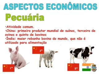 •Atividade comum.
•China: primeiro produtor mundial de suínos, terceiro de
ovinos e quinto de bovinos
•Índia: maior rebanho bovino do mundo, que não é
utilizado para alimentação
1º
3º
5º
1º
 