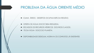 PROBLEMA DA ÁGUA ORIENTE MÉDIO
 CLIMA ÁRIDO, DESERTOS OCUPAM 80% DA REGIÃO;
 OFERTA DE ÁGUA DOCE É BEM REDUZIDA;
 ESCASSOS OS RECURSOS HÍDRICOS DOS RIOS E LAGOS;
 1% DA ÁGUA DOCE DO PLANETA;
 DISPONIBILIDADE DESIGUAL AGRAVA OS CONFLITOS JÁ EXISTENTES
 