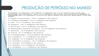 PRODUÇÃO DE PETRÓLEO NO MUNDO
 