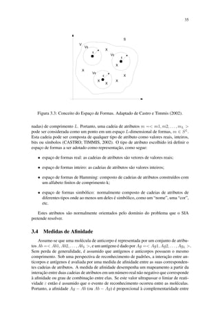 35
Figura 3.3: Conceito do Espac¸o de Formas. Adaptado de Castro e Timmis (2002).
nadas) de comprimento L. Portanto, uma cadeia de atributos m =< m1, m2, . . . , mL >
pode ser considerada como um ponto em um espac¸o L-dimensional de formas, m ∈ SL
.
Esta cadeia pode ser composta de qualquer tipo de atributo como valores reais, inteiros,
bits ou s´ımbolos (CASTRO; TIMMIS, 2002). O tipo de atributo escolhido ir´a deﬁnir o
espac¸o de formas a ser adotado como representac¸˜ao, como segue:
• espac¸o de formas real: as cadeias de atributos s˜ao vetores de valores reais;
• espac¸o de formas inteiro: as cadeias de atributos s˜ao valores inteiros;
• espac¸o de formas de Hamming: composto de cadeias de atributos constru´ıdos com
um alfabeto ﬁnitos de comprimento k;
• espac¸o de formas simb´olico: normalmente composto de cadeias de atributos de
diferentes tipos onde ao menos um deles ´e simb´olico, como um “nome”, uma “cor”,
etc.
Estes atributos s˜ao normalmente orientados pelo dom´ınio do problema que o SIA
pretende resolver.
3.4 Medidas de Aﬁnidade
Assume-se que uma mol´ecula de anticorpo ´e representada por um conjunto de atribu-
tos Ab =< Ab1, Ab2, . . . , AbL >, e um ant´ıgeno ´e dado por Ag =< Ag1, Ag2, . . . , AgL >.
Sem perda de generalidade, ´e assumido que ant´ıgenos e anticorpos possuem o mesmo
comprimento. Sob uma perspectiva de reconhecimento de padr˜oes, a interac¸˜ao entre an-
ticorpos e ant´ıgenos ´e avaliada por uma medida de aﬁnidade entre as suas corresponden-
tes cadeias de atributos. A medida de aﬁnidade desempenha um mapeamento a partir da
interac¸˜ao entre duas cadeias de atributos em um n´umero real n˜ao negativo que corresponde
`a aﬁnidade ou grau de combinac¸˜ao entre elas. Se este valor ultrapassar o limiar de reati-
vidade ε ent˜ao ´e assumido que o evento de reconhecimento ocorreu entre as mol´eculas.
Portanto, a aﬁnidade Ag − Ab (ou Ab − Ag) ´e proporcional `a complementaridade entre
 