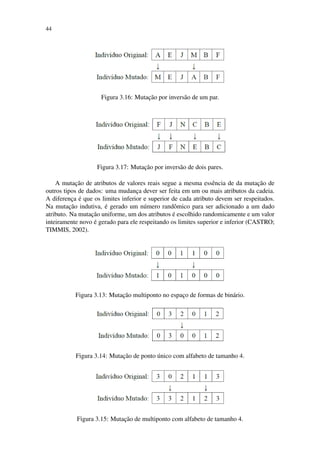 44
Figura 3.16: Mutac¸˜ao por invers˜ao de um par.
Figura 3.17: Mutac¸˜ao por invers˜ao de dois pares.
A mutac¸˜ao de atributos de valores reais segue a mesma essˆencia de da mutac¸˜ao de
outros tipos de dados: uma mudanc¸a dever ser feita em um ou mais atributos da cadeia.
A diferenc¸a ´e que os limites inferior e superior de cada atributo devem ser respeitados.
Na mutac¸˜ao indutiva, ´e gerado um n´umero randˆomico para ser adicionado a um dado
atributo. Na mutac¸˜ao uniforme, um dos atributos ´e escolhido randomicamente e um valor
inteiramente novo ´e gerado para ele respeitando os limites superior e inferior (CASTRO;
TIMMIS, 2002).
Figura 3.13: Mutac¸˜ao multiponto no espac¸o de formas de bin´ario.
Figura 3.14: Mutac¸˜ao de ponto ´unico com alfabeto de tamanho 4.
Figura 3.15: Mutac¸˜ao de multiponto com alfabeto de tamanho 4.
 