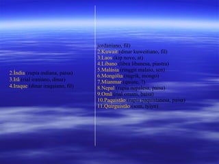 jordaniano, fil) Kuwait  (dinar kuweitiano, fil) Laos  (kip novo, at) Líbano  (libra libanesa, piastra) Malásia  (ringgit malaio, sen) Mongólia  (tugrik, mongo) Mianmar  (quiate, ?) Nepal  (rupia nepalesa, paisa) Omã  (rial omani, baisa) Paquistão  (rupia paquistanesa, paisa) Quirguistão  (som, tyiyn) Índia  (rupia indiana, paisa) Irã  (rial iraniano, dinar) Iraque  (dinar iraquiano, fil) 