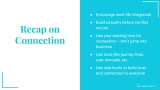 ● Encourage work-life integration
● Build empathy before conflict
occurs
● Use your existing time for
connection – don't jump into
business
● Use tools like journey lines,
user manuals, etc.
● Use skip-levels to build trust
and connection to everyone
Recap on
Connection
 