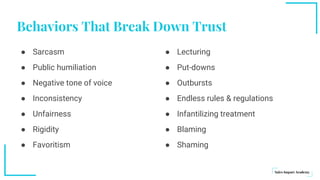 Behaviors That Break Down Trust
● Sarcasm
● Public humiliation
● Negative tone of voice
● Inconsistency
● Unfairness
● Rigidity
● Favoritism
● Lecturing
● Put-downs
● Outbursts
● Endless rules & regulations
● Infantilizing treatment
● Blaming
● Shaming
 