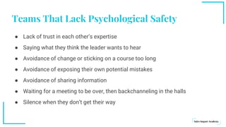 Teams That Lack Psychological Safety
● Lack of trust in each other’s expertise
● Saying what they think the leader wants to hear
● Avoidance of change or sticking on a course too long
● Avoidance of exposing their own potential mistakes
● Avoidance of sharing information
● Waiting for a meeting to be over, then backchanneling in the halls
● Silence when they don’t get their way
 
