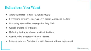 Behaviors You Want
● Showing interest in each other as people
● Expressing emotions such as enthusiasm, openness, and joy
● Not being rejected for stating what they think
● Openly sharing information
● Believing that others have positive intentions
● Constructive disagreement with leaders
● Leaders promote “outside the box” thinking, without judgement
 