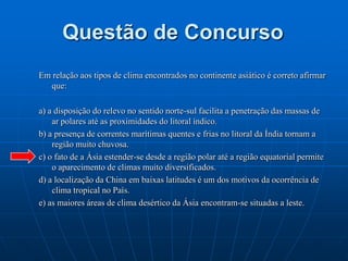 Questão de Concurso2) A figura abaixo apresenta quatro climogramas, referentes a alguns climas do Brasil. Cada um mostra, por meio das barras, a precipitação média, nos meses de janeiro a dezembro, e, por meio das linhas, a temperatura média ao longo. É CORRETO afirmar que a seqüência dos climas representados pelos climogramas 1, 2, 3 e 4 é:a) equatorial, tropical, semi-árido e subtropical.b) equatorial, tropical, subtropical e semi-árido.c) tropical, semi-árido, equatorial e subtropical.d) equatorial, subtropical, semi-árido e tropical.e) tropical, subtropical, equatorial e semi-árido 