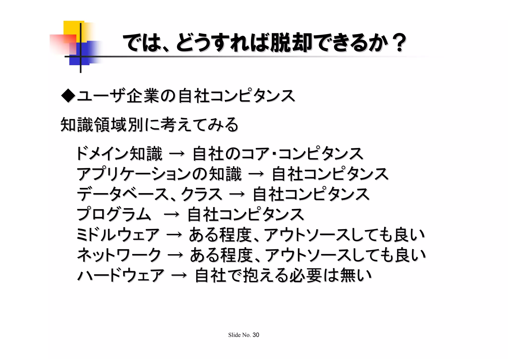 では、どうすれば脱却できるか？

◆ユーザ企業の自社コンピタンス
知識領域別に考えてみる
 ドメイン知識 → 自社のコア・コンピタンス
 アプリケーションの知識 → 自社コンピタンス
 データベース、クラス → 自社コンピタンス
 プログラム → 自社コンピタンス
 ミドルウェア → ある程度、アウトソースしても良い
 ネットワーク → ある程度、アウトソースしても良い
 ハードウェア → 自社で抱える必要は無い


           Slide No. 30
 