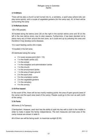 Refugee camp in Colombia
                                                          Nariño

        3.13-Others

        There will be also a church (a tent turned into it), a cemetery, a sport area (where kids can
        play some sports), and a couple of vegetable gardens (for the camp use). Al, of them will be
        surrounding the camp

        3.14-Refuse drums

        129 (1/93 people).

        30 located along the latrine zone (30 on the right in the women latrine zone and 30 on the
        left in the men latrine zone), due to odor reasons. Furthermore, it has been decided not to
        place many any of them around the tent zone, as it could end up by polluting this area and
        therefore it may develop some diseases.

        15 in each feeding centre (30 in total).

        10 located in the tent area.

        29 distributed along the camp:

                 2 in every access point (2x5 = 10)
                 1 in the health centre (x2)
                 1 in the school
                 1 in the reception and administration centre
                 1 in the church
                 1 in the environment centre
                 1 in the area of open ground
                 2 in the sport area
                 3 in the orientation centre
                 2 in the vegetable gardens
                 1 in the cemetery
                 4 in the armory

        3.15-Fire hazard

        In the event of fire, there will be two mainly meeting points: the area of open ground (west of
        the camp) and the sport area (east of the camp). People could go to the river as well (north
        of the camp).

        3.16-Tents

        900 tents (3.7m2/person).

        2 familys/tent. However, each tent has the ability to split into two with a cloth in the middle in
        order to make it easier the family independence. The tent measures and total area of the
        camp module are shown in table 9.

        All of them are will be facing south, to maximize sunlight (E-W).




Sustainable infrastructure in developing countries                                                   2011-12
                                                           13
 