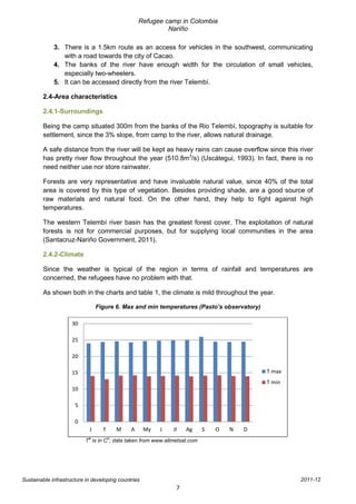 Refugee camp in Colombia
                                                           Nariño

             3. There is a 1.5km route as an access for vehicles in the southwest, communicating
                with a road towards the city of Cacao.
             4. The banks of the river have enough width for the circulation of small vehicles,
                especially two-wheelers.
             5. It can be accessed directly from the river Telembí.

        2.4-Area characteristics

        2.4.1-Surroundings

        Being the camp situated 300m from the banks of the Rio Telembí, topography is suitable for
        settlement, since the 3% slope, from camp to the river, allows natural drainage.

        A safe distance from the river will be kept as heavy rains can cause overflow since this river
        has pretty river flow throughout the year (510.8m3/s) (Uscátegui, 1993). In fact, there is no
        need neither use nor store rainwater.

        Forests are very representative and have invaluable natural value, since 40% of the total
        area is covered by this type of vegetation. Besides providing shade, are a good source of
        raw materials and natural food. On the other hand, they help to fight against high
        temperatures.

        The western Telembí river basin has the greatest forest cover. The exploitation of natural
        forests is not for commercial purposes, but for supplying local communities in the area
        (Santacruz-Nariño Government, 2011).

        2.4.2-Climate

        Since the weather is typical of the region in terms of rainfall and temperatures are
        concerned, the refugees have no problem with that.

        As shown both in the charts and table 1, the climate is mild throughout the year.

                                Figure 6. Max and min temperatures (Pasto’s observatory)

                     30

                     25

                     20

                     15                                                                    T max
                                                                                           T min
                     10

                      5

                      0
                            J     F       M   A      My   J   Jl   Ag     S   O   N   D
                            a         o
                          T is in C ; data taken from www.allmetsat.com




Sustainable infrastructure in developing countries                                                 2011-12
                                                               7
 