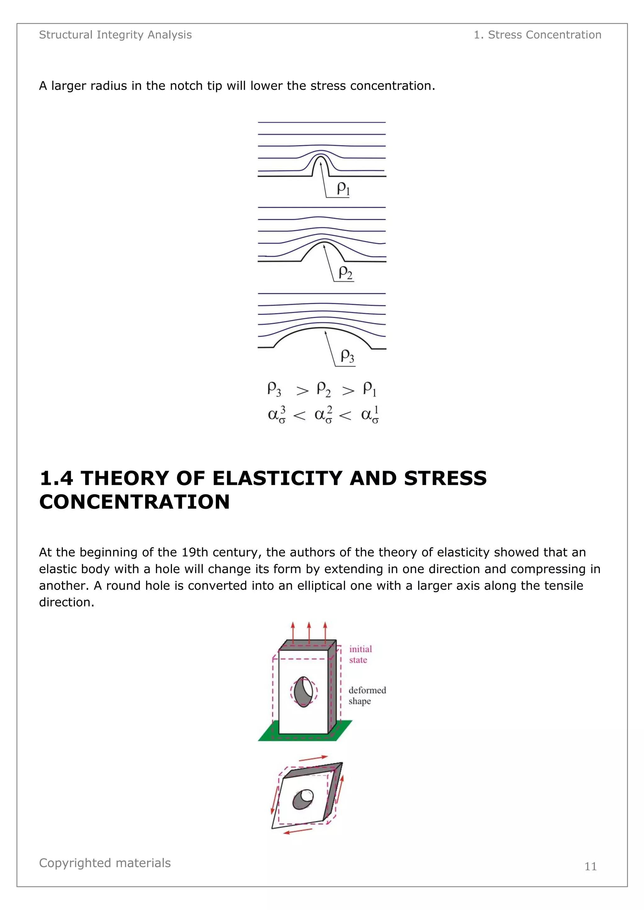 Structural Integrity Analysis 1. Stress Concentration 
Copyrighted materials 
11 
A larger radius in the notch tip will lower the stress concentration. 
1.4 THEORY OF ELASTICITY AND STRESS CONCENTRATION 
At the beginning of the 19th century, the authors of the theory of elasticity showed that an elastic body with a hole will change its form by extending in one direction and compressing in another. A round hole is converted into an elliptical one with a larger axis along the tensile direction. 
 