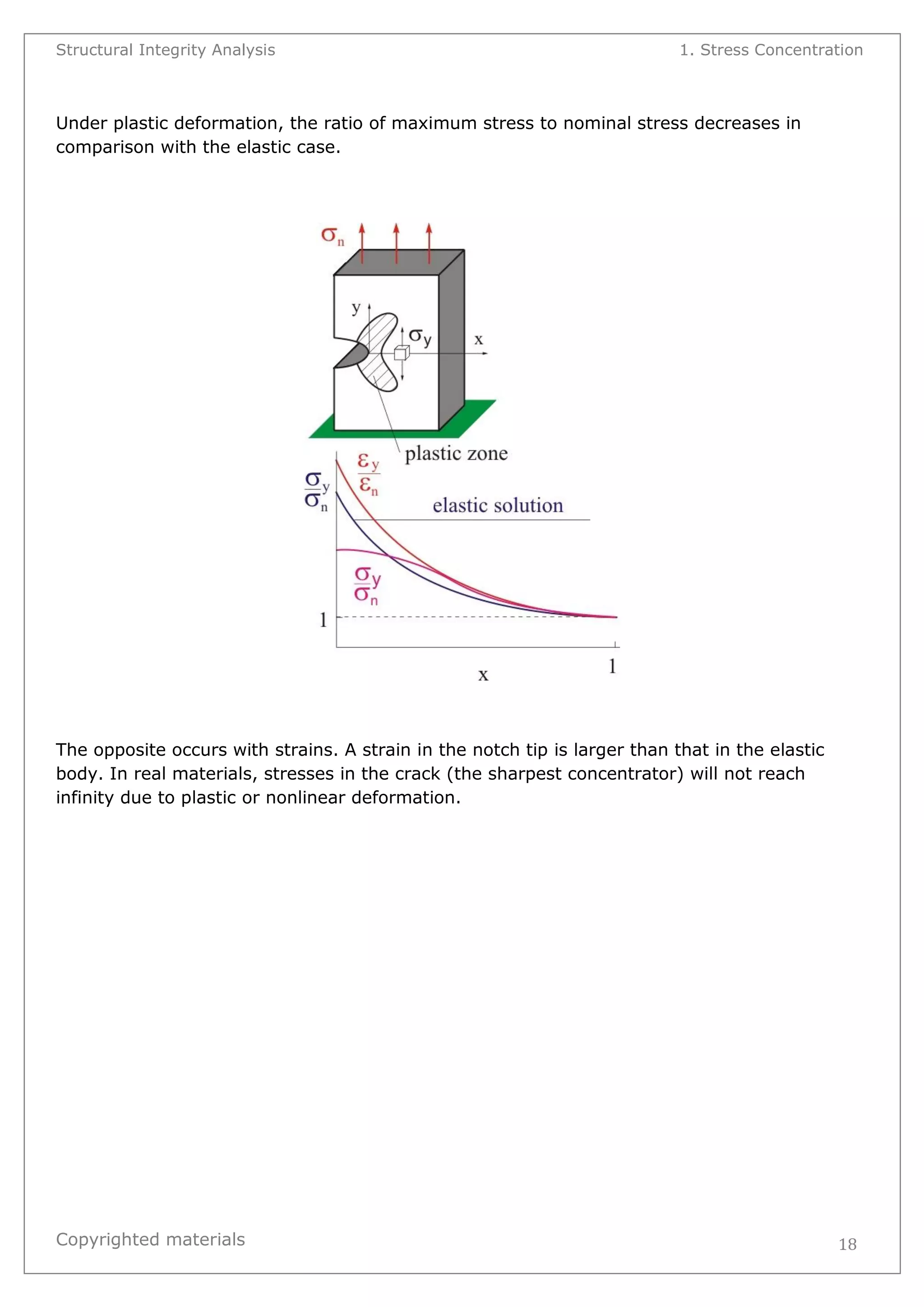 Structural Integrity Analysis 1. Stress Concentration 
Copyrighted materials 
18 
Under plastic deformation, the ratio of maximum stress to nominal stress decreases in comparison with the elastic case. 
The opposite occurs with strains. A strain in the notch tip is larger than that in the elastic body. In real materials, stresses in the crack (the sharpest concentrator) will not reach infinity due to plastic or nonlinear deformation.  