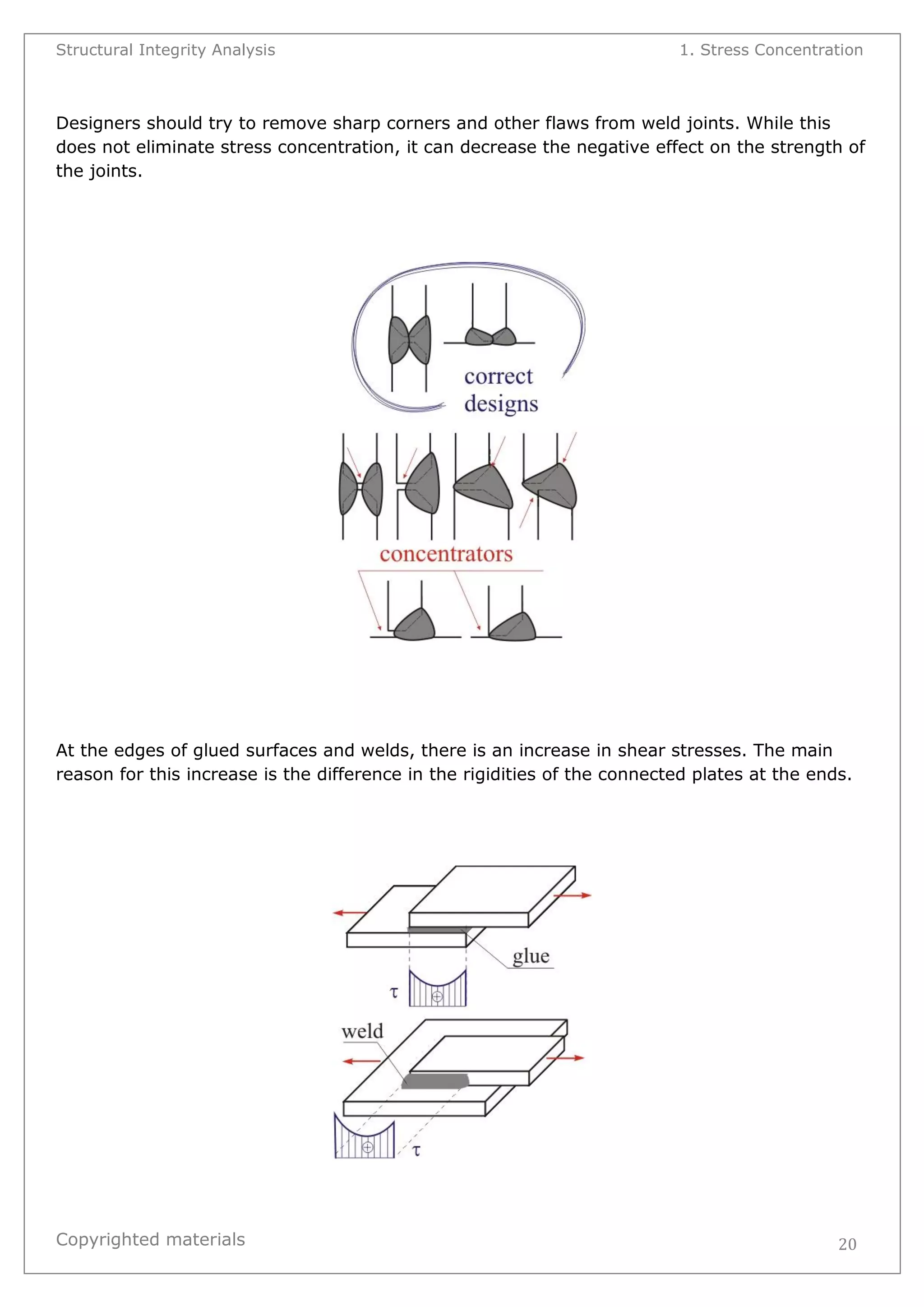 Structural Integrity Analysis 1. Stress Concentration 
Copyrighted materials 
20 
Designers should try to remove sharp corners and other flaws from weld joints. While this does not eliminate stress concentration, it can decrease the negative effect on the strength of the joints. 
At the edges of glued surfaces and welds, there is an increase in shear stresses. The main reason for this increase is the difference in the rigidities of the connected plates at the ends. 
 